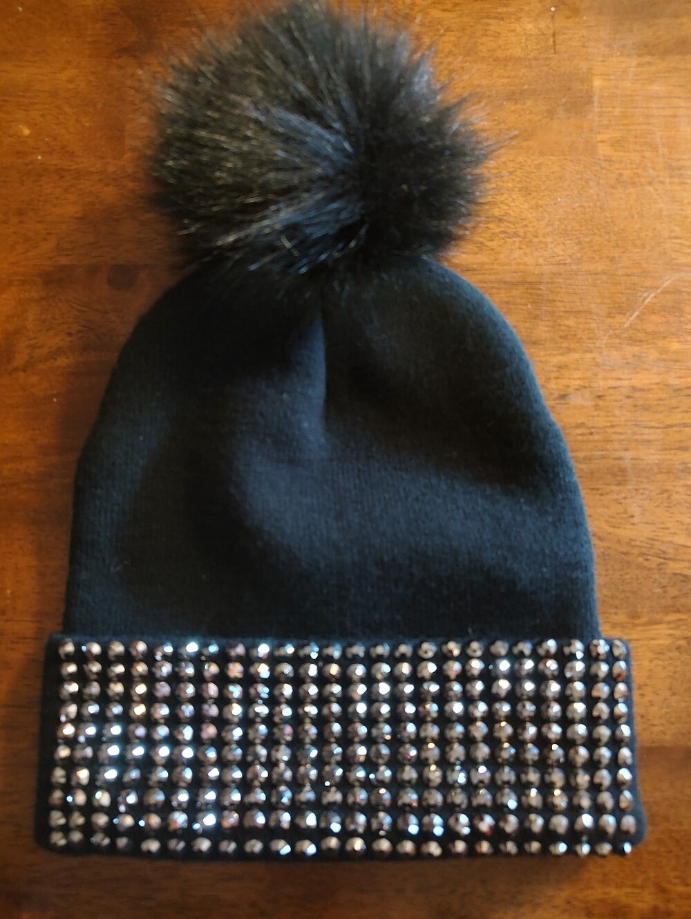 Black Pom-Pom Beanie Hat with Rhinestone Cuff